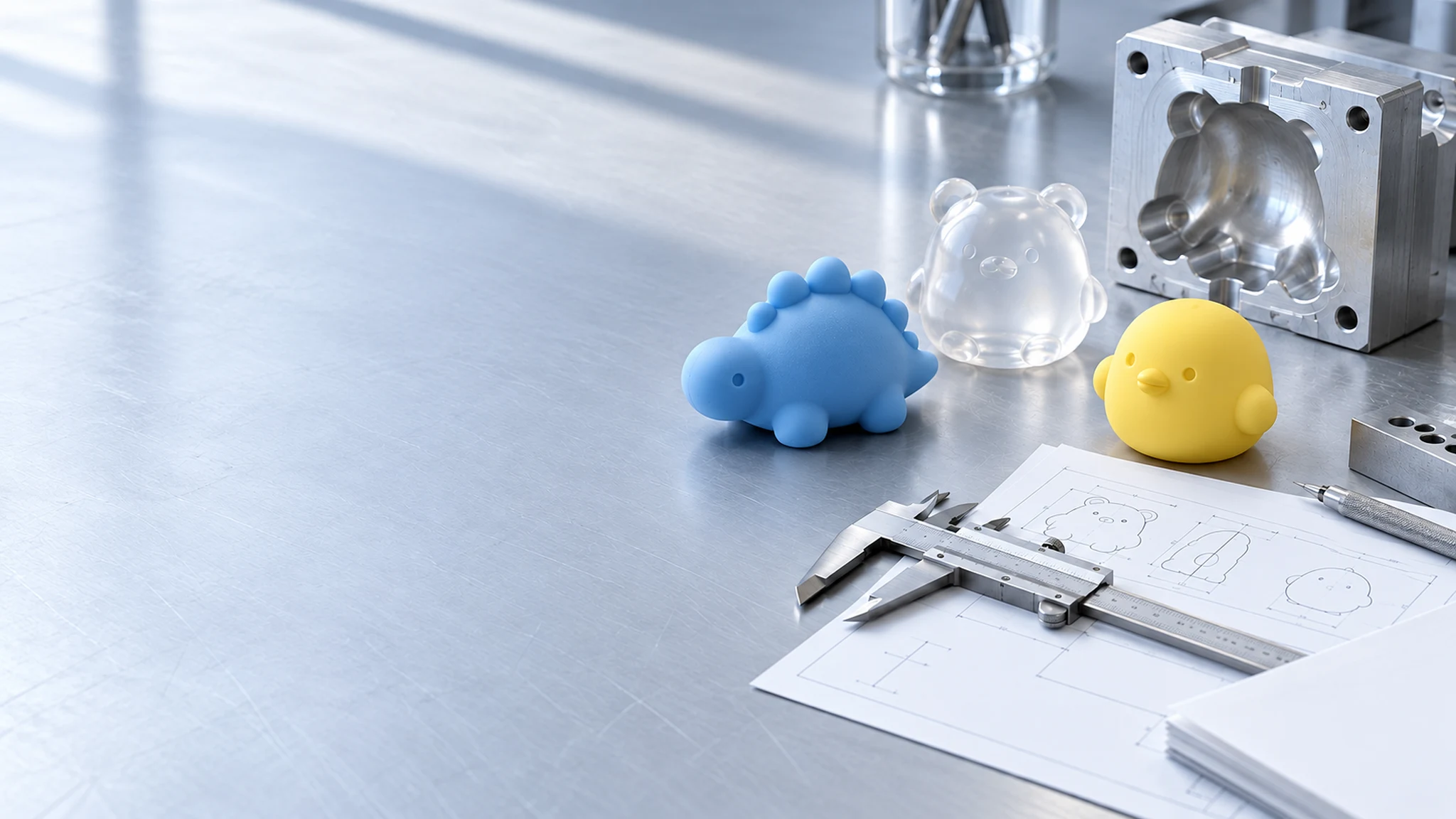 AI process illustration: squeeze samples, a machined mold and dimensional drawings on an engineering bench